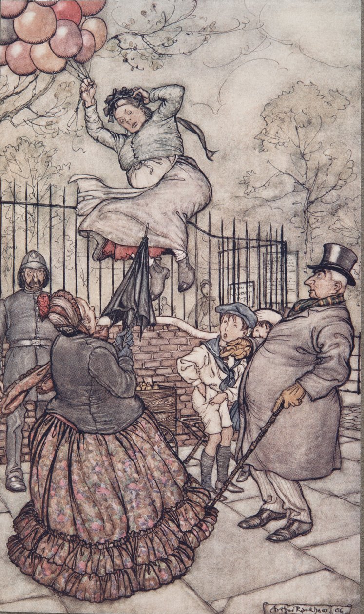 Dáma s balónky, která sedí hned vedle, od Petera Pana v Kensington Gardens od J. M. Barrieho (1860 - 1937), hospoda. 1906 od Arthur Rackham
