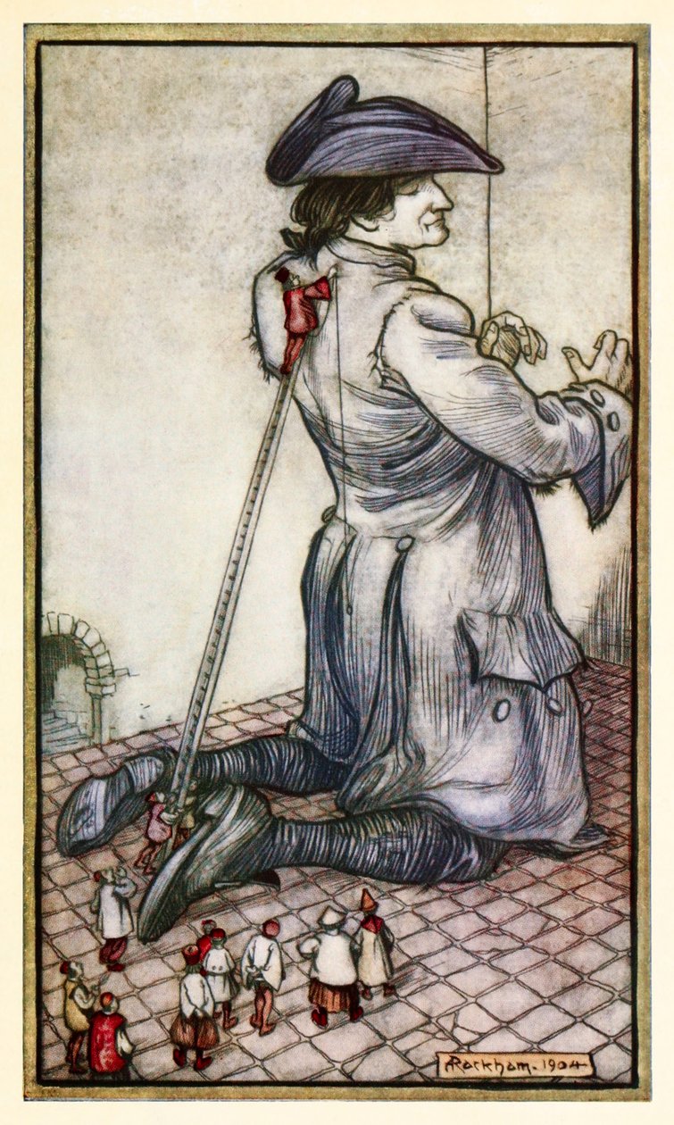 Liliputští krejčí změřili Gullivera pro nový oblek z Part I: A Voyage to Lilliput in Gullivers Travels od Jonathana Swifta od Arthur Rackham