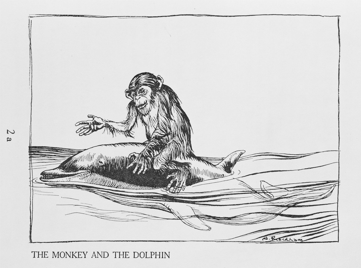 Opice a delfín, ilustrace z Aesopsových bajek, publikoval Heinemann, 1912 od Arthur Rackham
