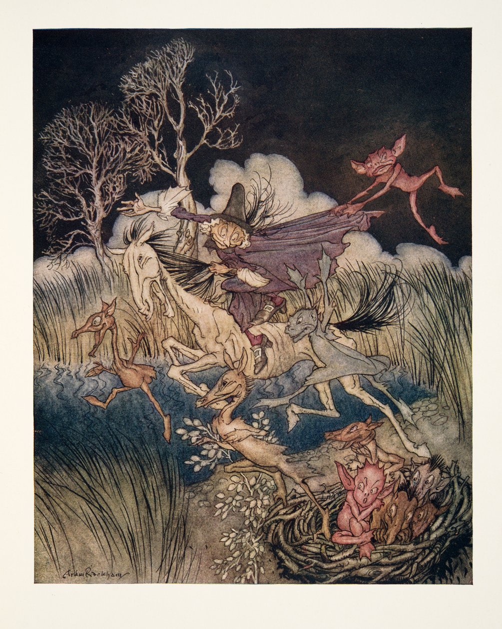 Noční můra s celou její devítidílnou ?, z Legendy o ospalé prohlubni od Washingtona Irvinga (1783 - 1859), hospoda. 1928 od Arthur Rackham