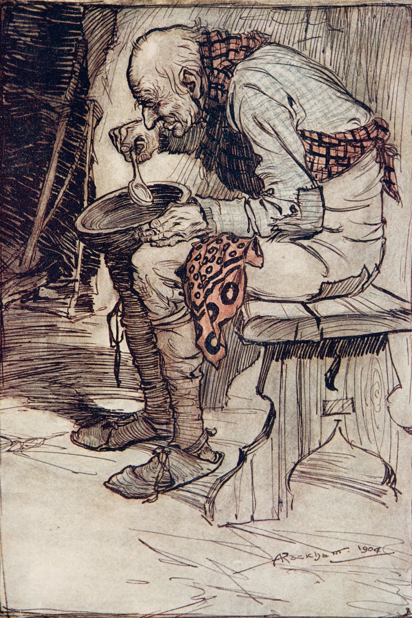 Dědek musel sám sedět a jedl jídlo z dřevěné misky ...z hospody Pohádky bratří Grimmů. 1909 od Arthur Rackham