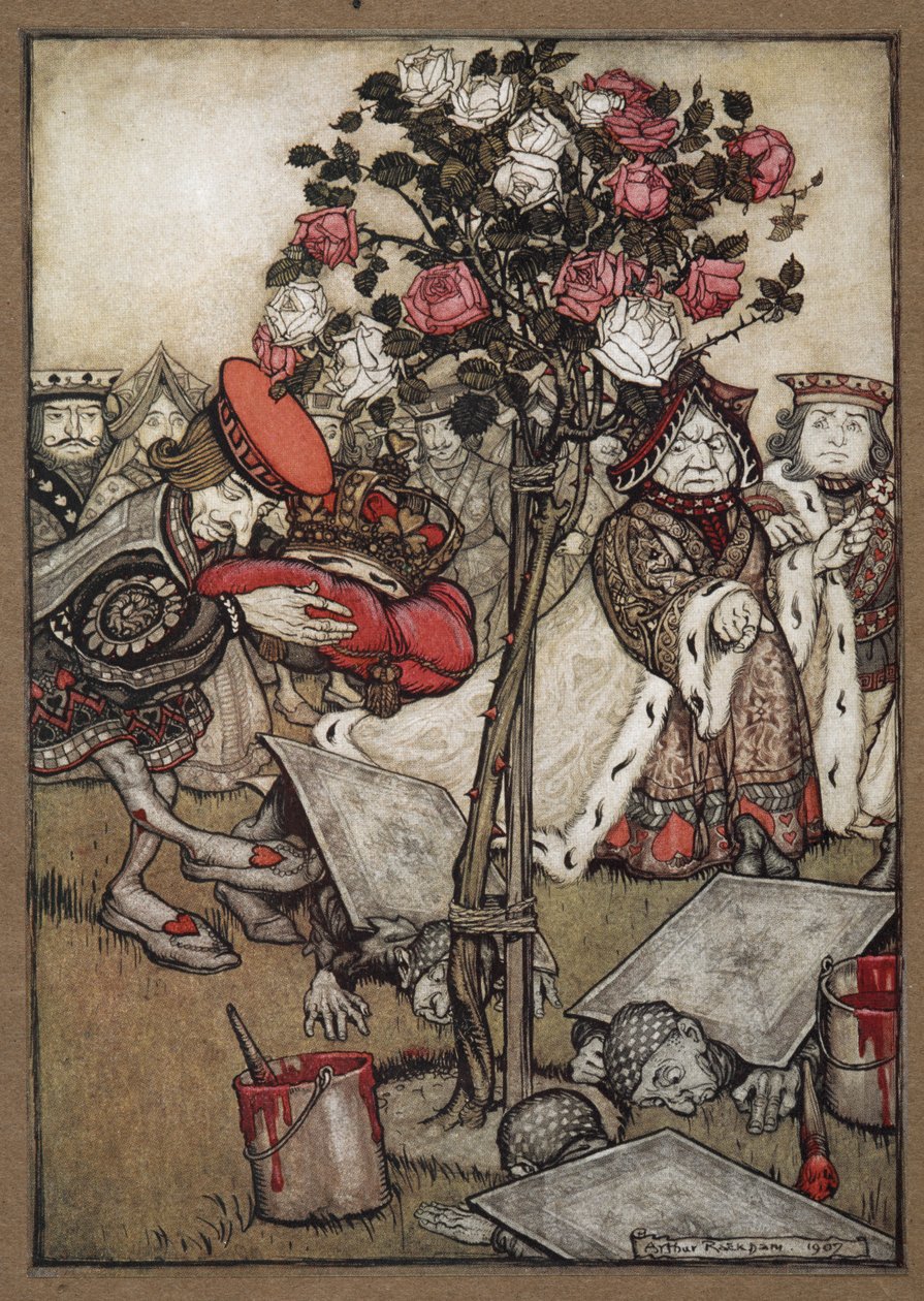 Královna, král a srdcový padouch míjeli muže oblečené jako karty malující růžový keř červeně od Arthur Rackham