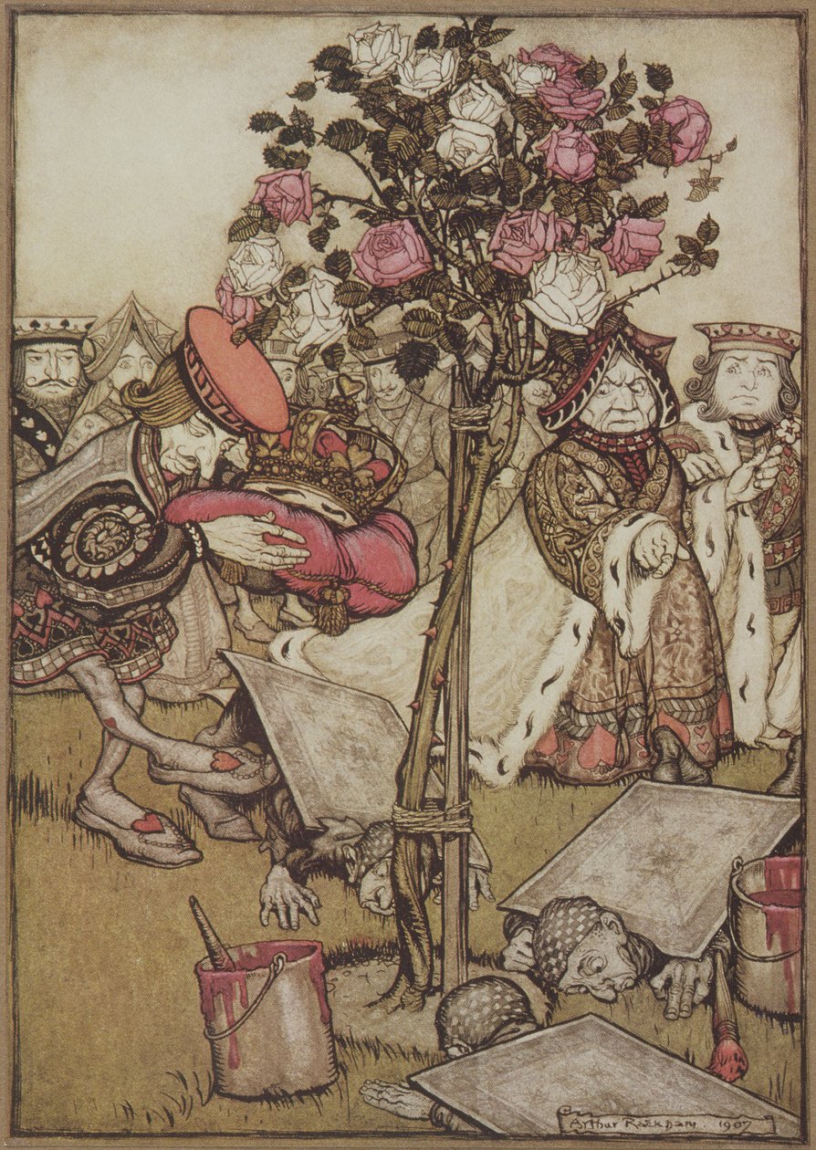 Královna se od něj rozzlobeně odvrátila a řekla Knaveovi: „Obrať je“, z Alenčina dobrodružství v říši divů od Lewise Carrolla, hospoda. 1907 (barevné lito) od Arthur Rackham