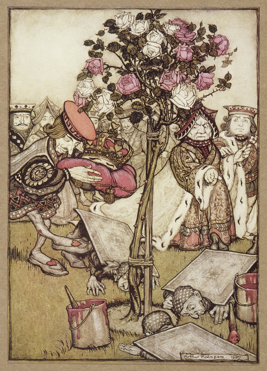 Královna se od něj rozzlobeně odvrátila a řekla Knaveovi: „Obrať je“, z Alenčina dobrodružství v říši divů od Lewise Carrolla, hospoda. 1907 (barevné lito) od Arthur Rackham