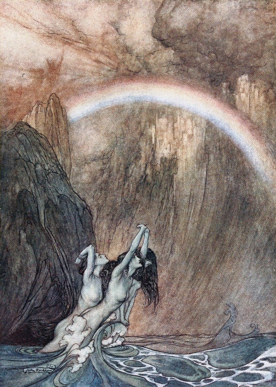 Rhinemaidenové naříkají nad svým ztraceným zlatem. Ilustrace pro The Rhinegold and The Valkyrie od Richarda od Arthur Rackham