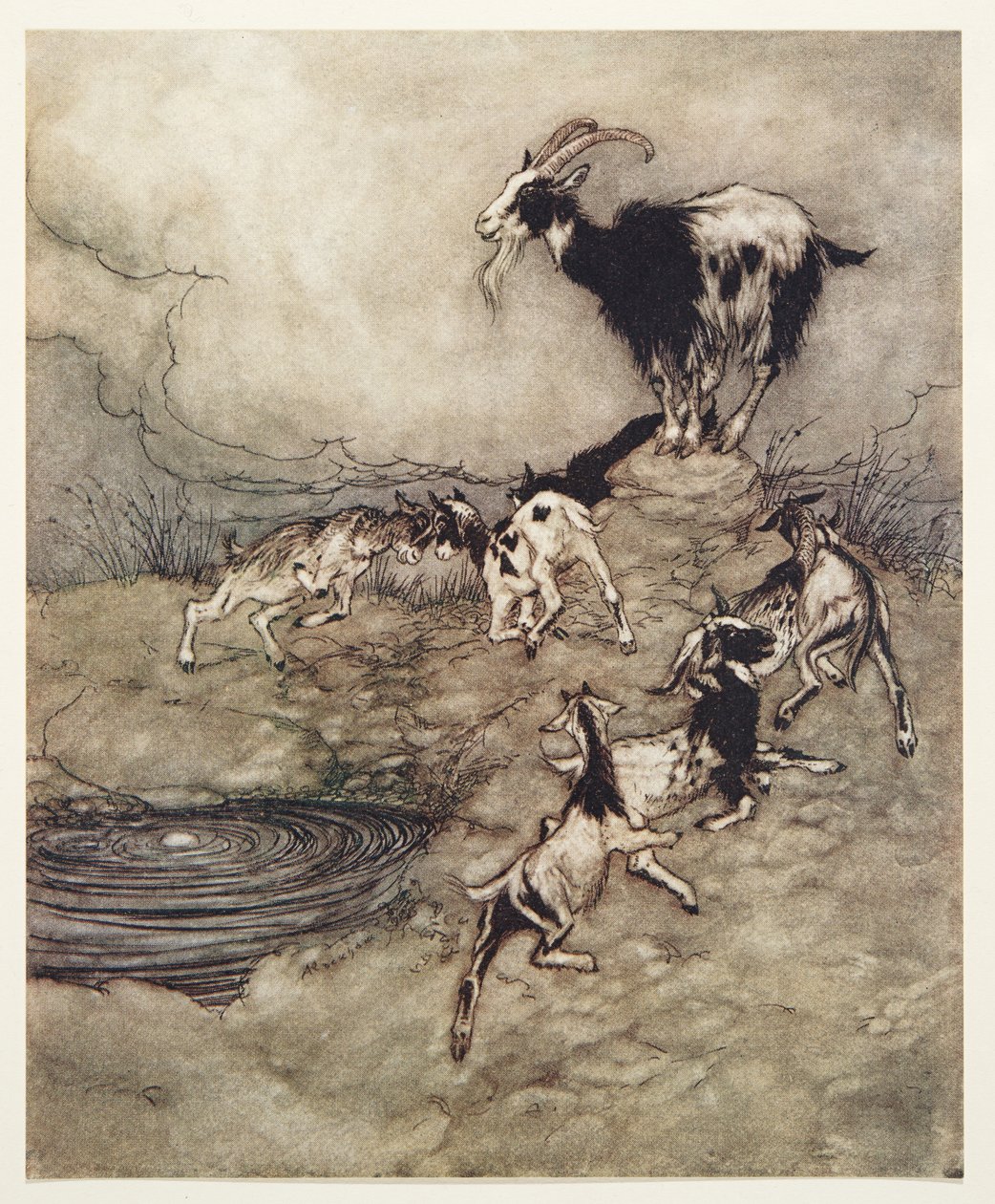 Sedmička a jejich maminka v radosti z Pohádek bratří Grimmů poskakovali a tančili kolem jara. 1909 od Arthur Rackham