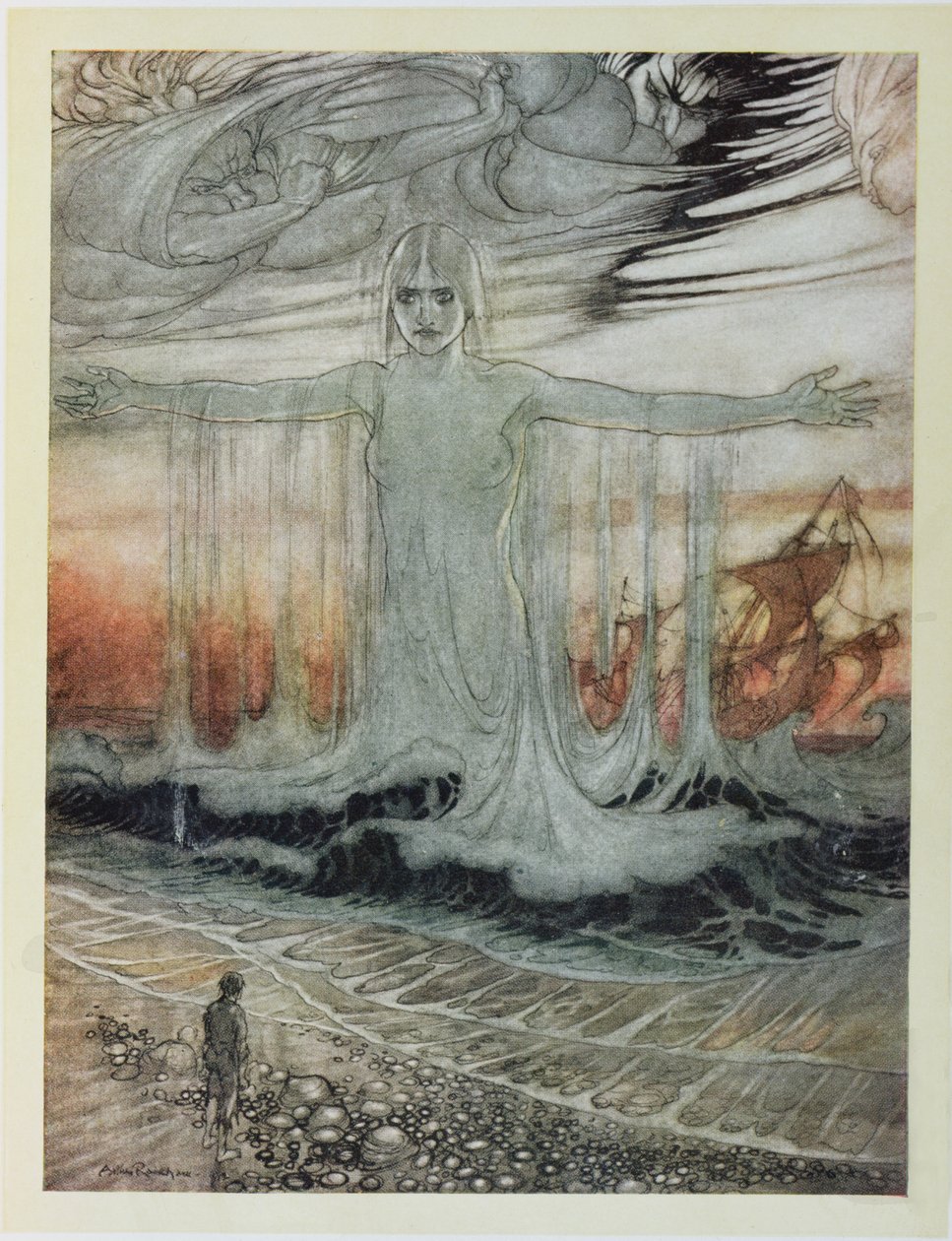 The Shipwrecked Man and the Sea, ilustrace z ‚Ezopových bajek‘, vydané nakladatelstvím Heinemann, 1912 od Arthur Rackham