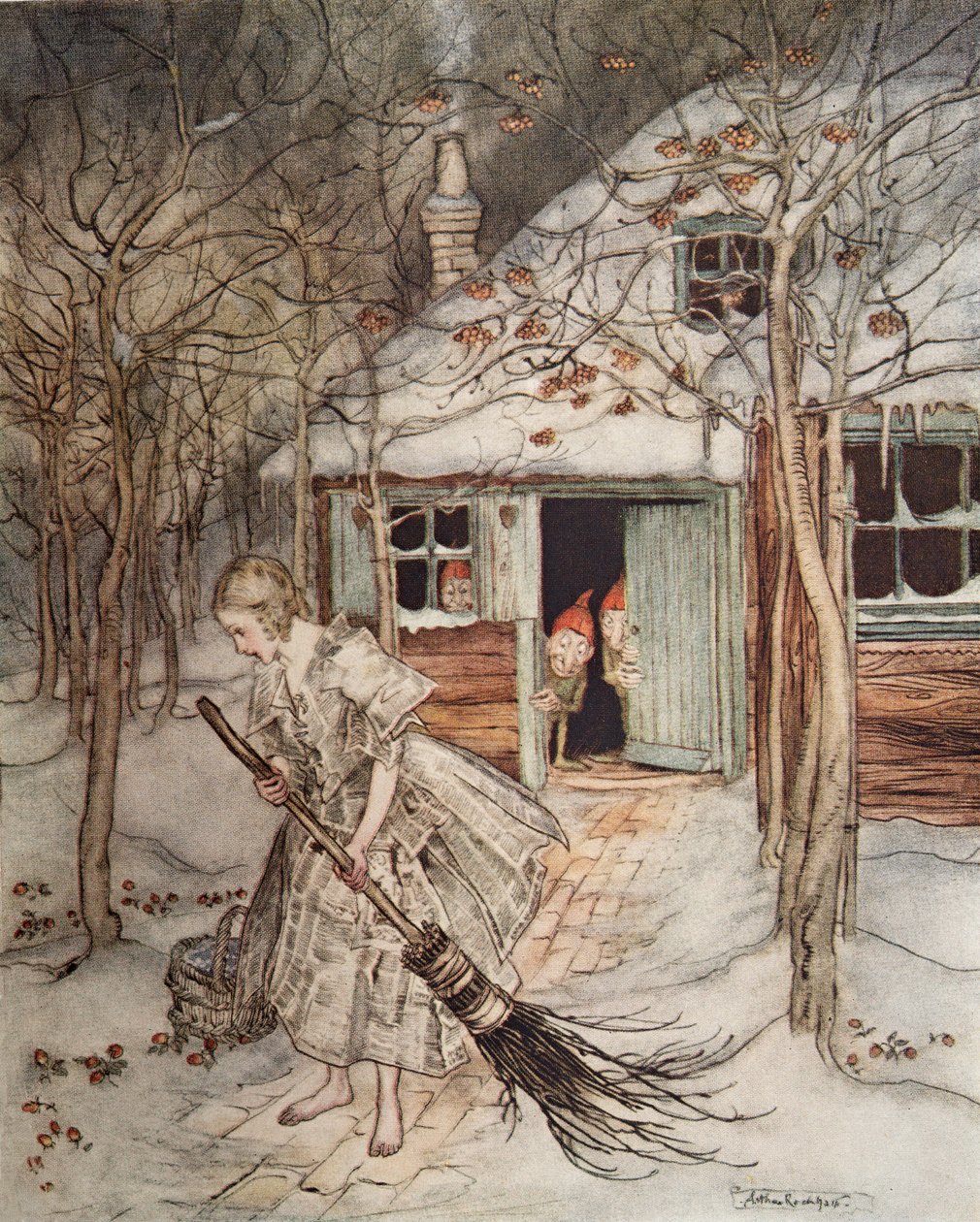 Tři malí muži v lese, z Bratříčka a sestřičky a jiné pohádky bratří Grimmů, pub. 1917 od Arthur Rackham