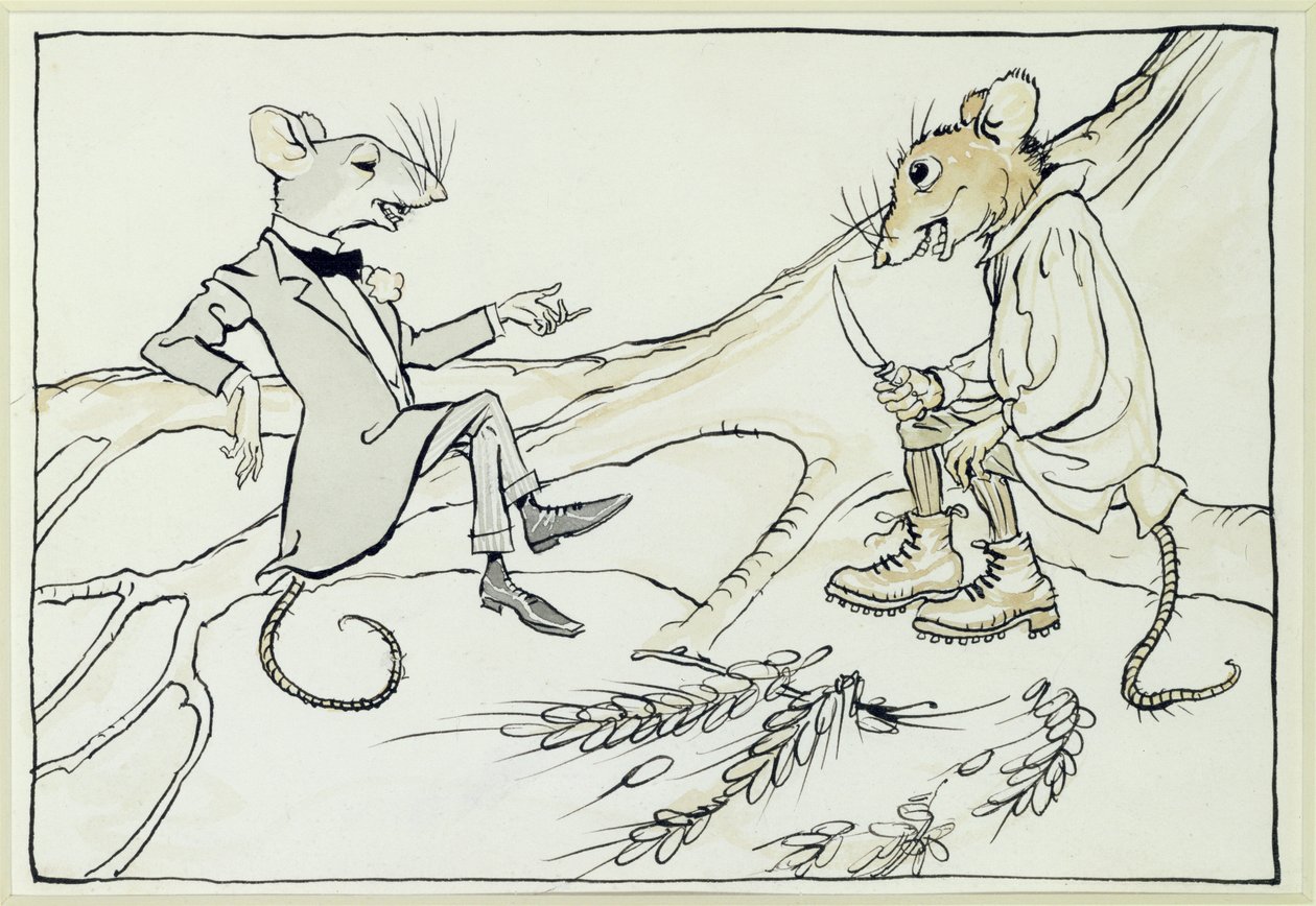 The Town Mouse and the Country Mouse, ilustrace z Aesops Fables, vydáno 1912 (pero a inkoust s wc na papíře) od Arthur Rackham
