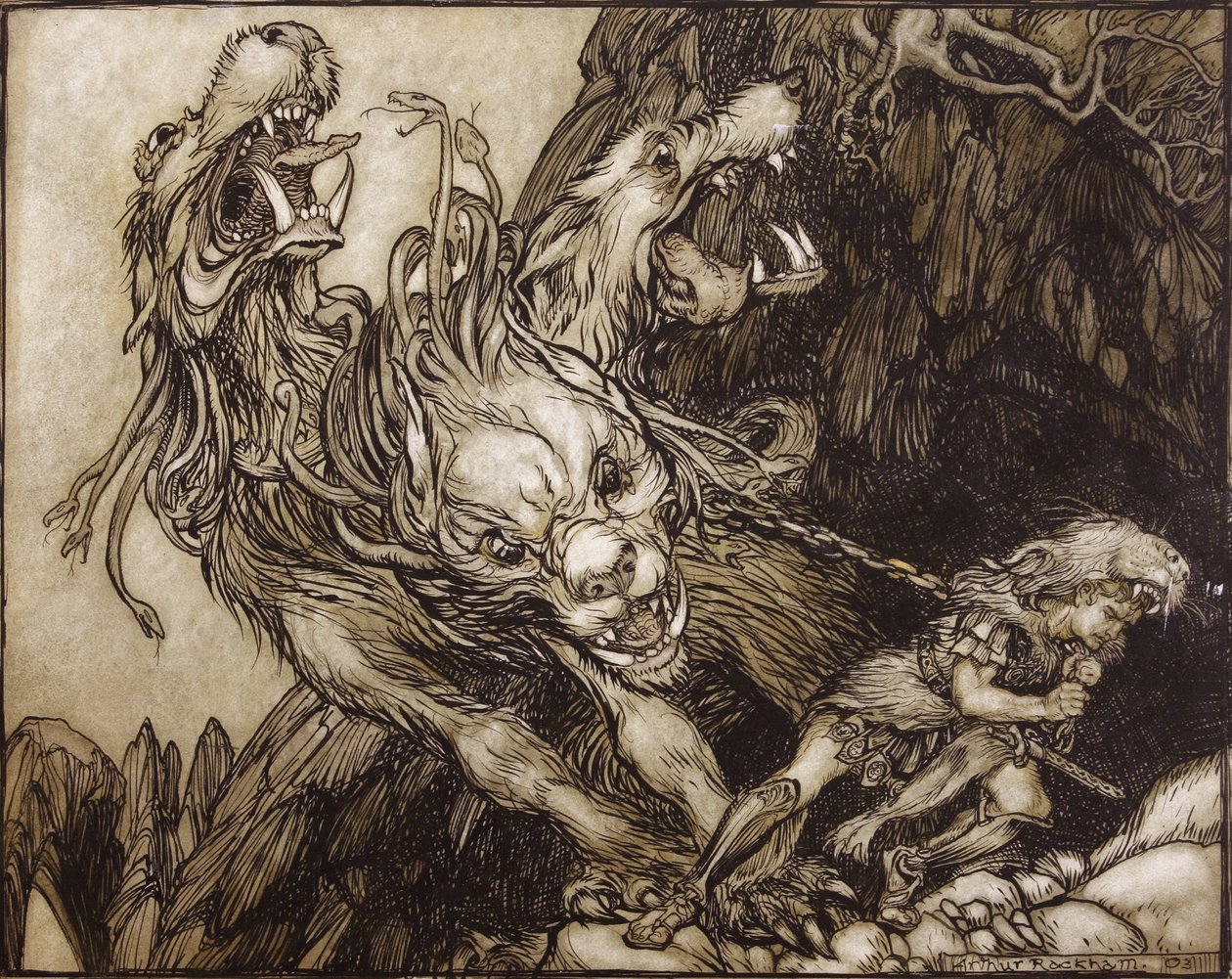 Dvanáctá Herkulova práce, ilustrace z The Greek Heroes od B.G. Niebuhr, 1903 (pero a inkoust a wc na papíře) od Arthur Rackham