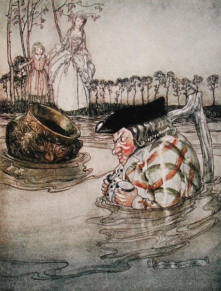 Dva hrnce, ilustrace z "Ezopových bajek", vydaných nakladatelstvím Heinemann od Arthur Rackham