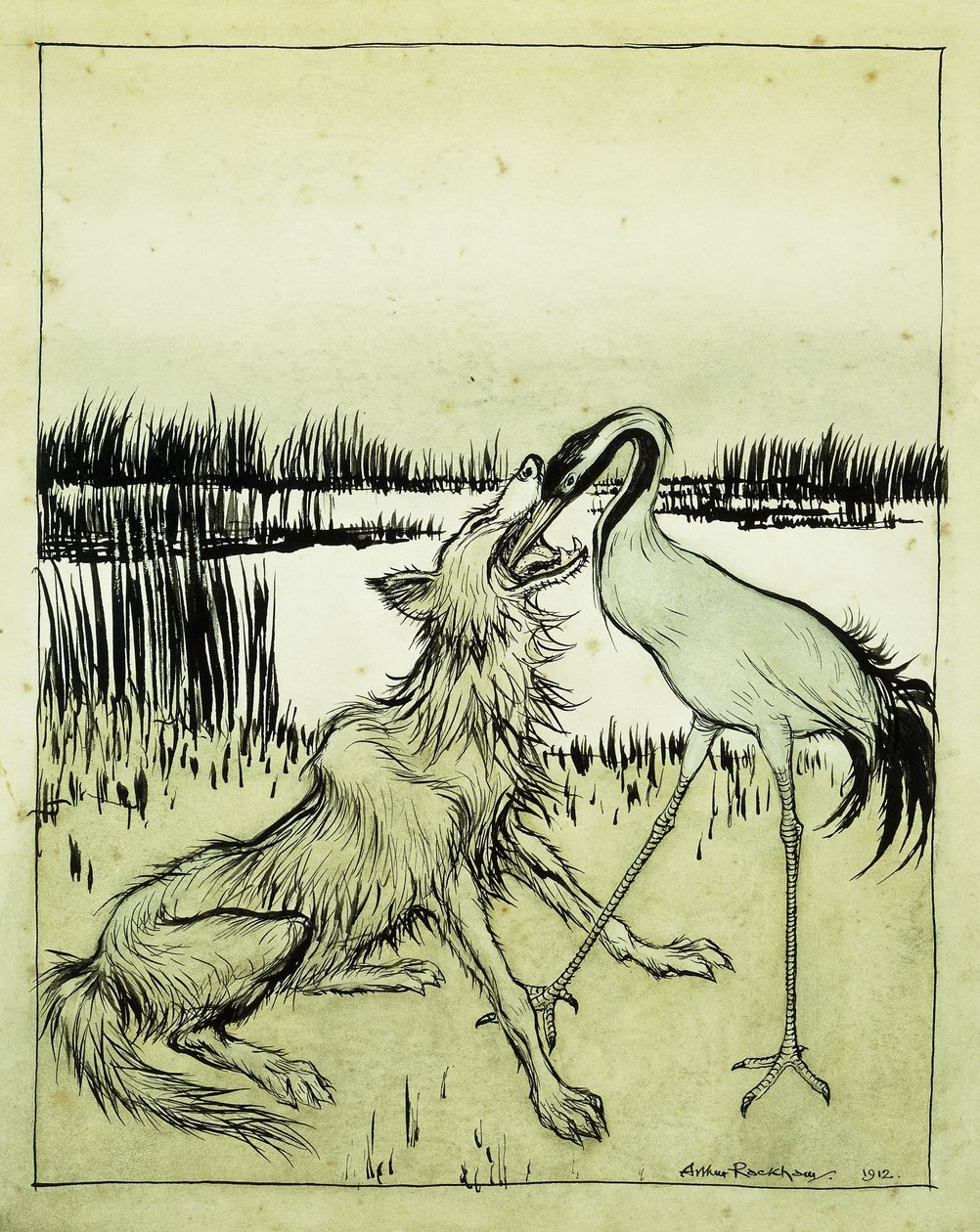 Vlk a jeřáb - Aesopsovy bajky, 1912 od Arthur Rackham