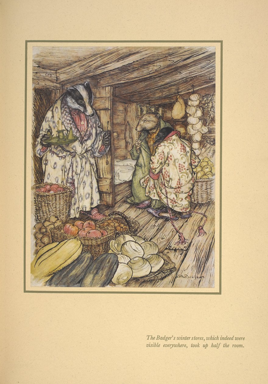 Jezevčí zimní sklady, které byly skutečně vidět všude, zabíraly polovinu místnosti.“ od Arthur Rackham