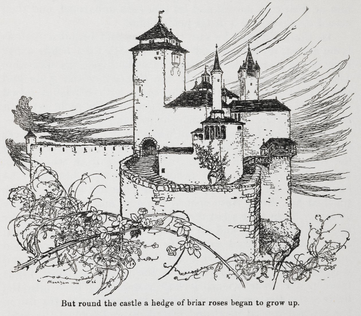 Zámek obklopený trny z Briar Rose (Šípková Růženka) od Arthur Rackham