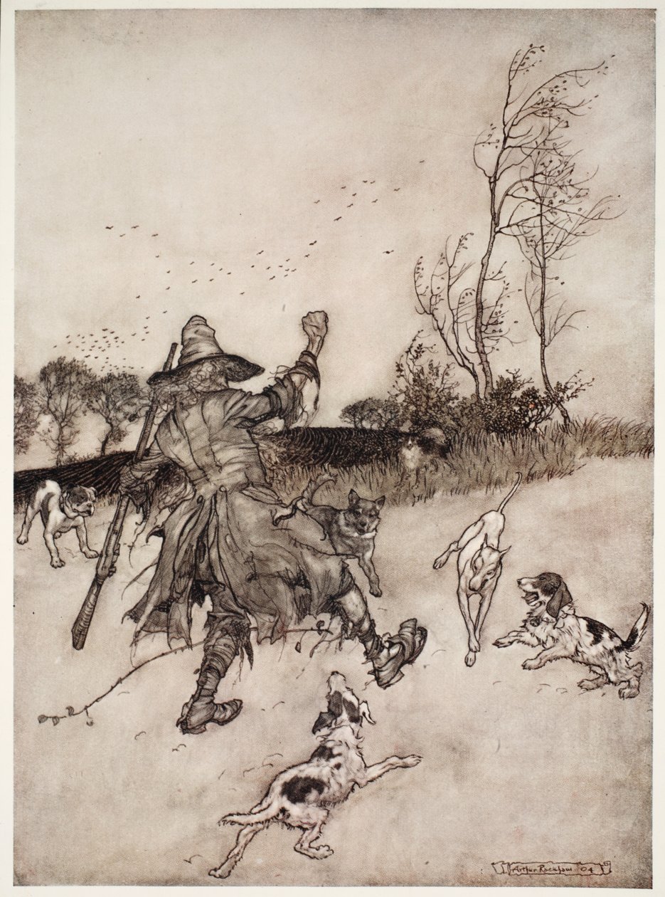 Také psi, z nichž ani jeden nepoznal starého známého, na něj štěkali, když procházel kolem, z hospody Rip Van Winkle od Washington Irving. 1910 od Arthur Rackham