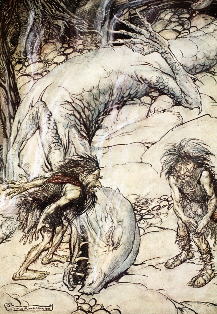 „Trpaslíci se hádají o Fafnerovo tělo“, 1924. od Arthur Rackham