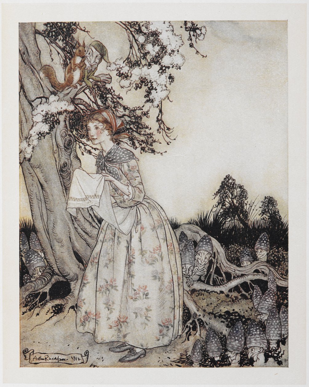 Slušná služka, která prvního máje jde o rozbřesku na pole. od Arthur Rackham
