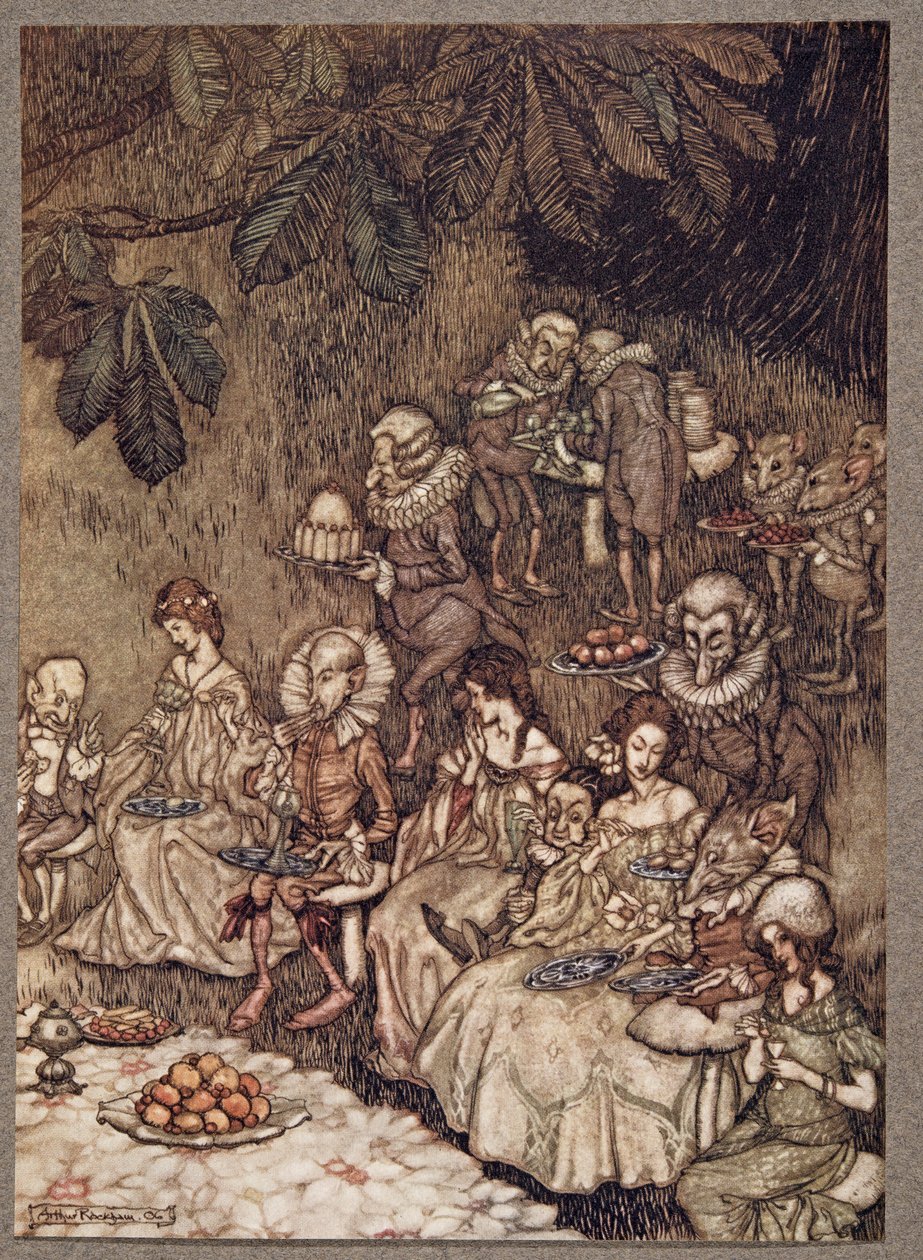 Víly sedí na houbách a zpočátku se chovají slušně, z knihy Peter Pan v Kensingtonských zahradách od J. M. Barrieho (1860-1937), pub. 1906 od Arthur Rackham