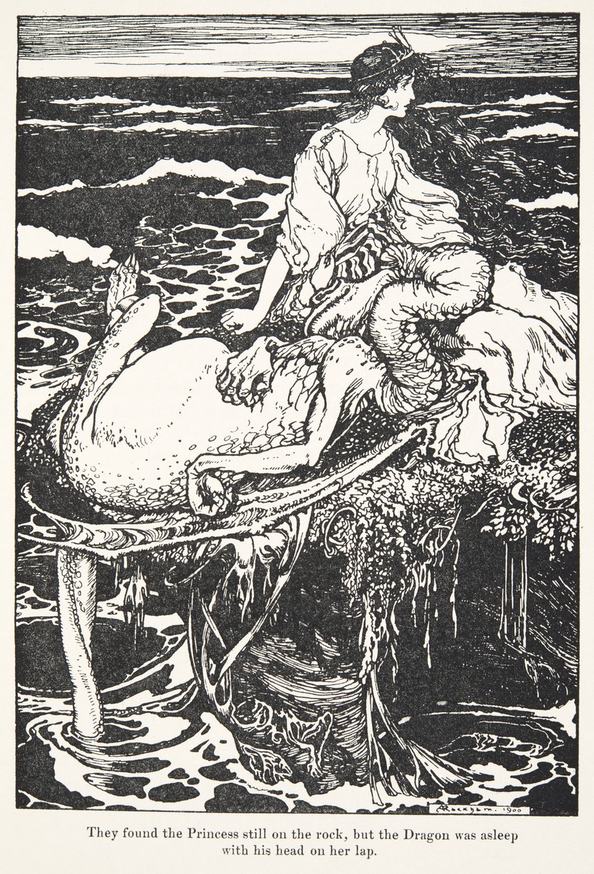 Princeznu našli stále na skále, ale Drak spal s hlavou na jejím klíně, z hospody Pohádky bratří Grimmů. 1909 od Arthur Rackham