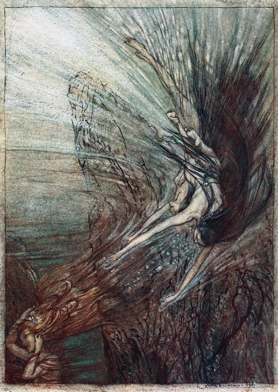 Dovádění Rhinemaidenů. Ilustrace k filmu The Rhinegold and The Valkyrie od Richarda Wagnera, od Arthur Rackham