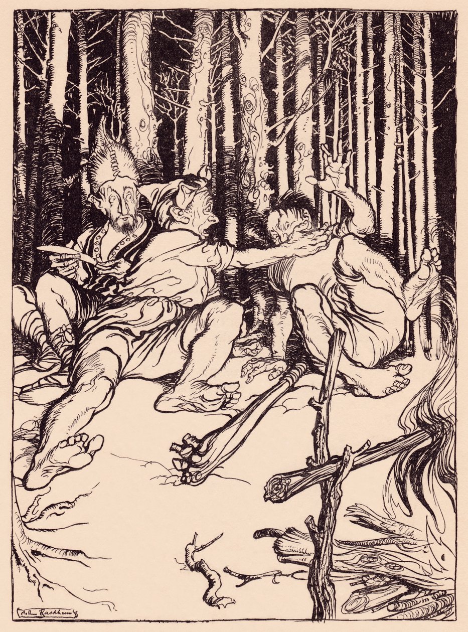 Obr dal tomu, kdo seděl vedle něj, krabičku na ucho. Ilustrace Arthur Rackham z Grimm