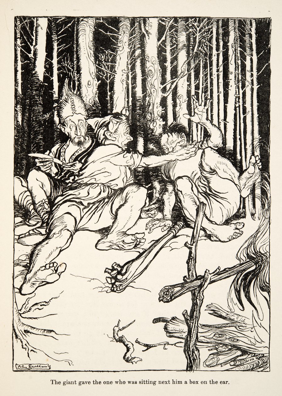 Obr dal tomu, kdo seděl vedle něj, krabici na ucho, od Bratříčka a sestřičky a jiné příběhy bratří Grimmů, pub. 1917 (litho) od Arthur Rackham