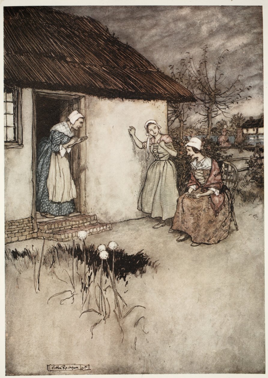 Dobré manželky z vesnice nikdy nezklamaly ve svých večerních pomluvách, aby svalily veškerou vinu na Dame Van Winkle, z Rip Van Winkle od Washington Irving, hospoda. 1910 od Arthur Rackham