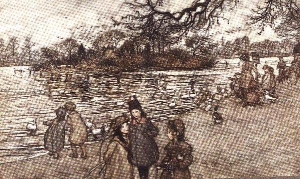 Ostrov, na kterém se rodí všichni ptáci z knihy Petr Pan v Kensingtonských zahradách od J. M. Barrieho, 1906 od Arthur Rackham