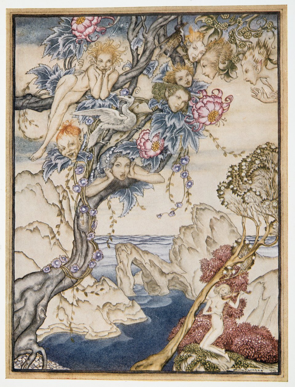 Ostrůvek je plný zvuků, zvuků a sladkých vzduchů, které potěší a neurazí, ilustrace z William Shakespeares The Tempest, pub. 1926 od Arthur Rackham