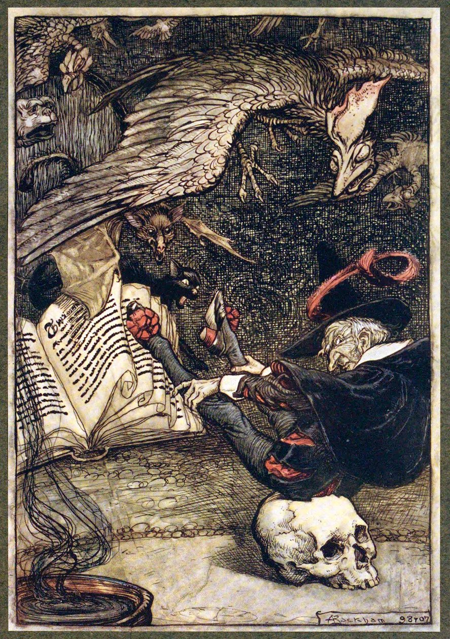 Malý muž se posadil do středu kruhu na velké lebce, hospodě. 1907. od Arthur Rackham