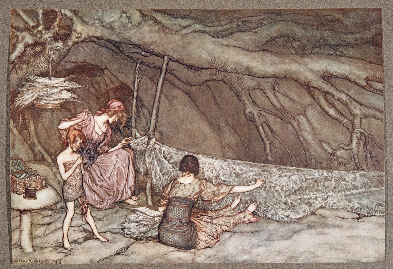 Malí lidé si pletou letní závěsy z listů koster .. , od Petera Pana v Kensington Gardens od J. M. Barrieho (1860 - 1937), hospoda. 1906 od Arthur Rackham