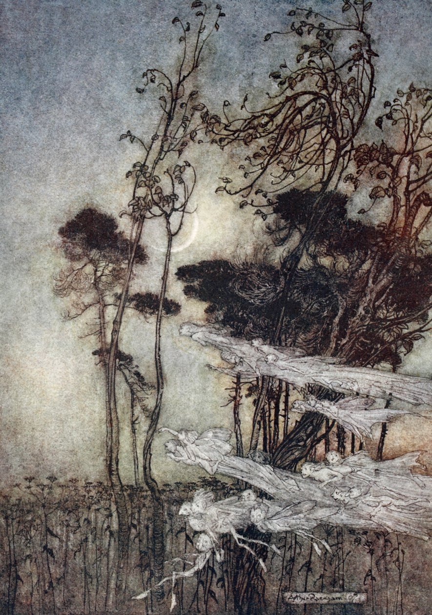 ..Měsíc jako stříbrný luk Nově ohnutý v nebi, ilustrace ze „Snu nocí svatojánských“ od Williama Shakespeara, 1908 od Arthur Rackham