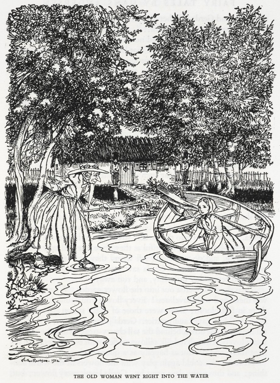 "Stará žena šla přímo do vody." Ilustrace pro „květinovou zahradu ženy, která znala magii“. Mladá dívka, Gerda, na lodi. Stará žena vstoupí do řeky, aby jí pomohla. od Arthur Rackham