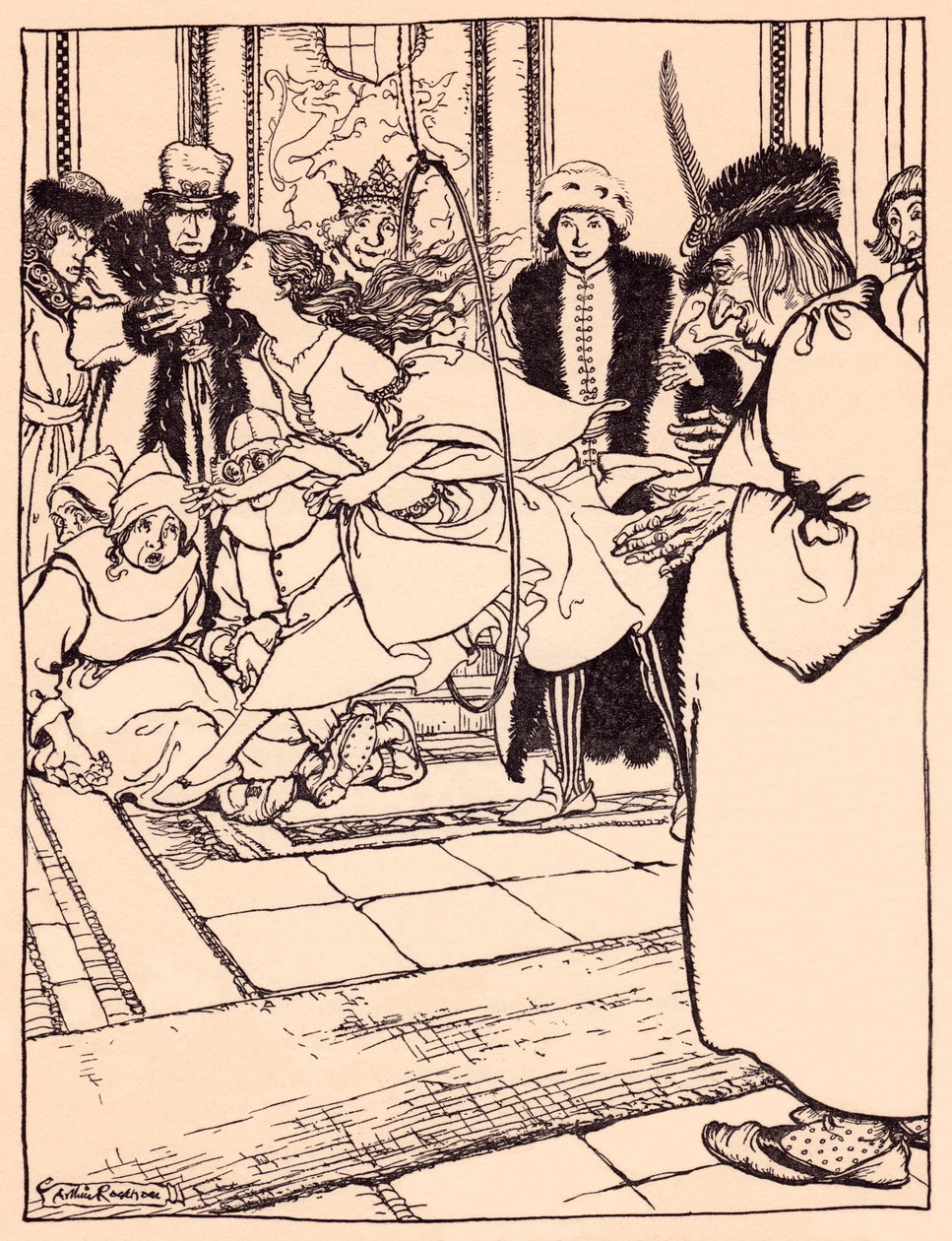 Hezká panna proskočila obruč lehce jako jelen. Ilustrace Arthur Rackham z Grimmovy pohádky Tři pírka. od Arthur Rackham