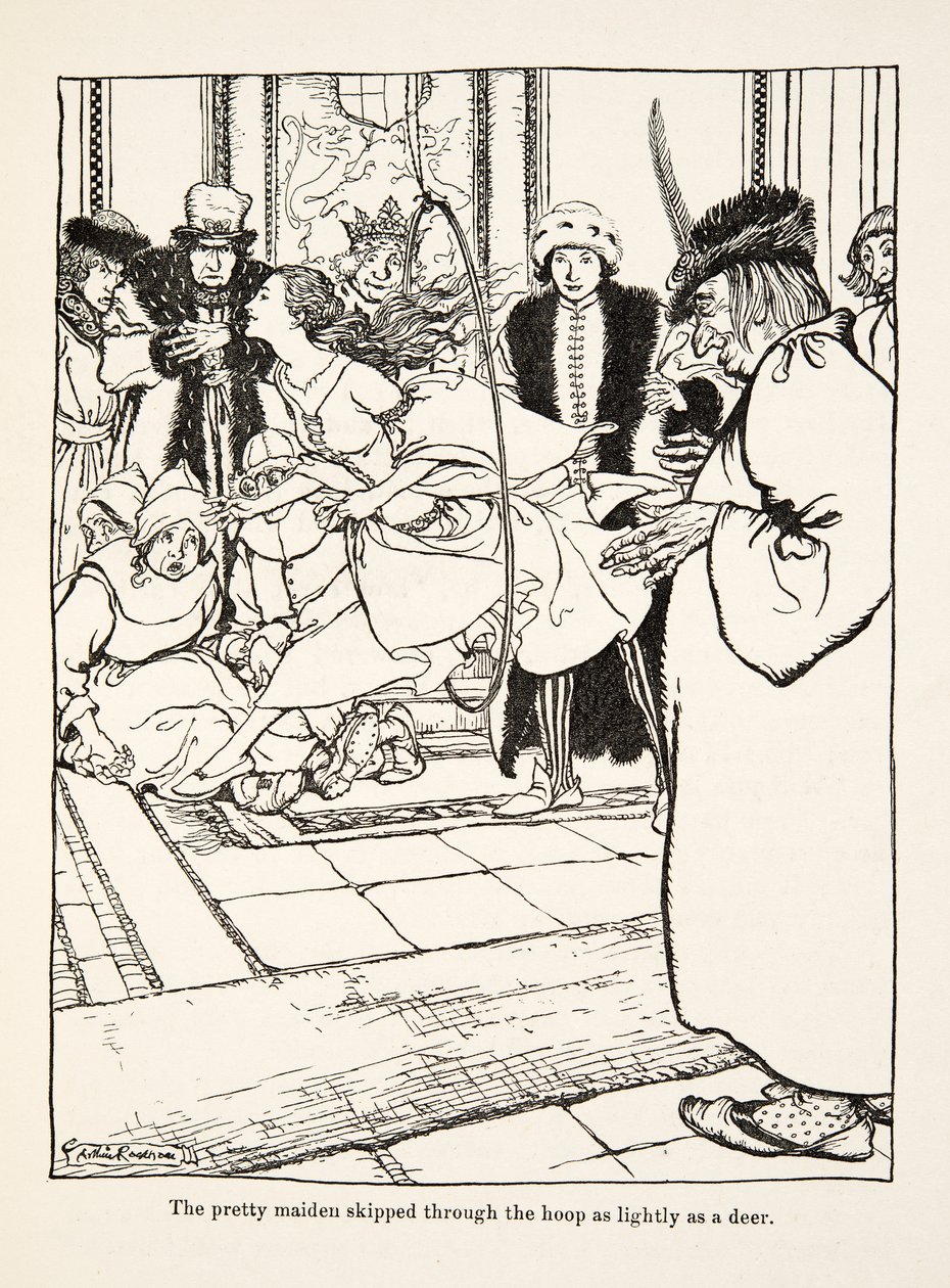 Hezká panna proskočila obruč lehce jako jelen, z Bratříčka a sestřičky a jiné pohádky bratří Grimmů, pub. 1917 (litho) od Arthur Rackham