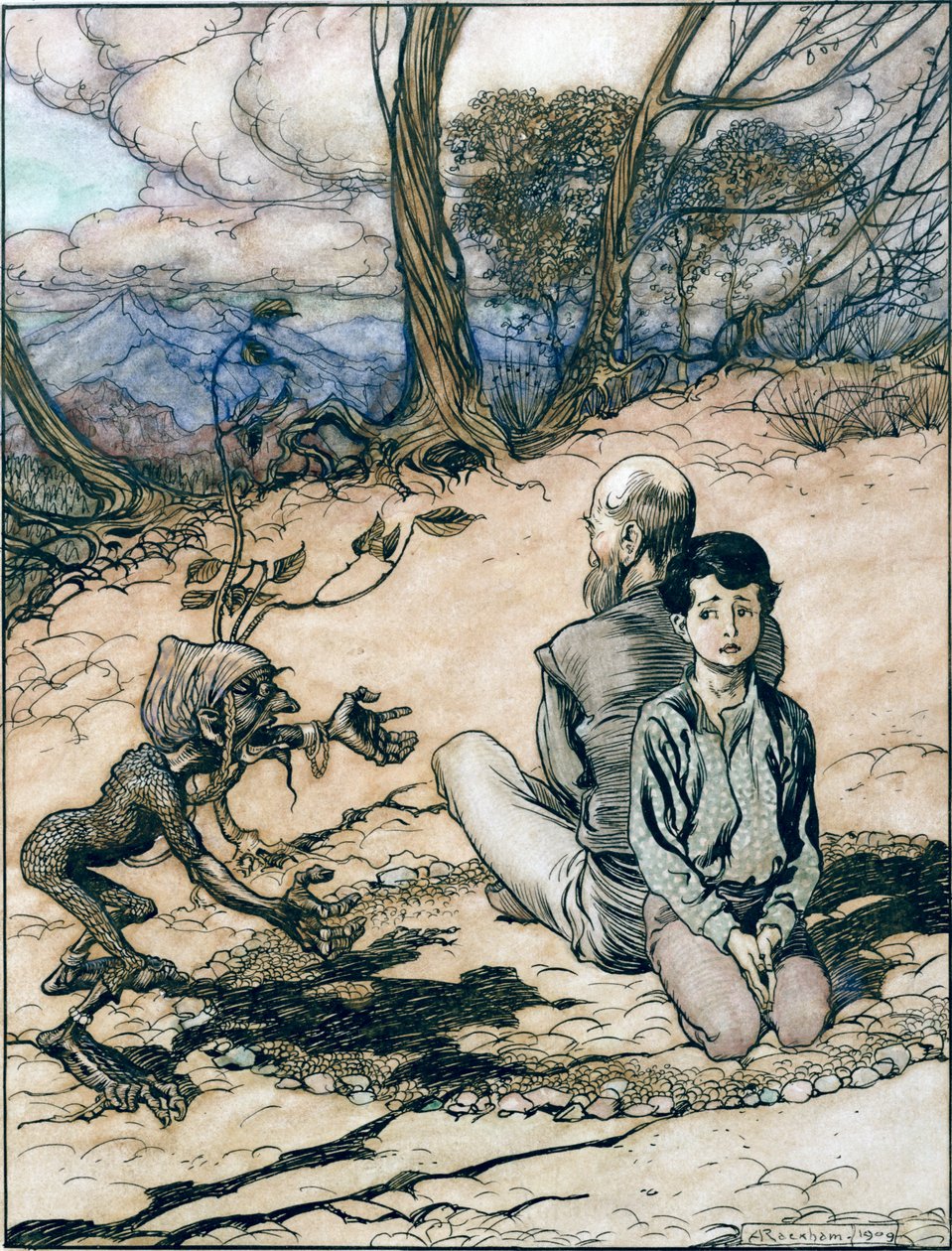 Syn udělal kruh a jeho otec a on v něm zaujali místa a objevil se malý černý mannik, ilustrace z Krále Zlaté hory v Pohádkách bratří Grimmů, od Arthur Rackham