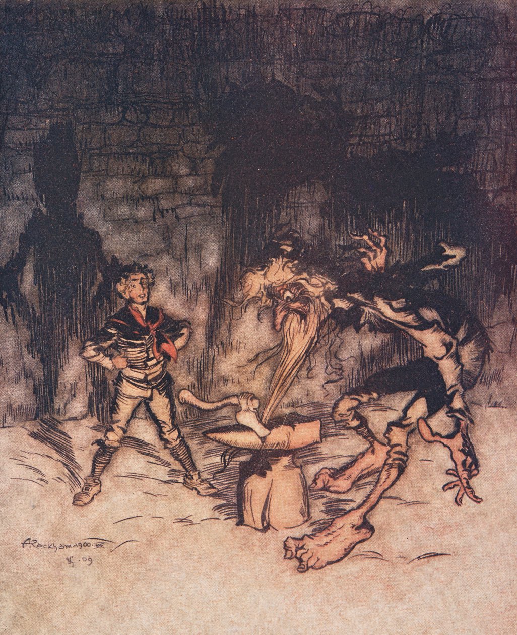 Mládež vzala sekeru a rozštípla kovadlinu jednou ranou a zároveň se zachytila do vousů Old Mans, z hospody Pohádky bratří Grimmů. 1909 od Arthur Rackham