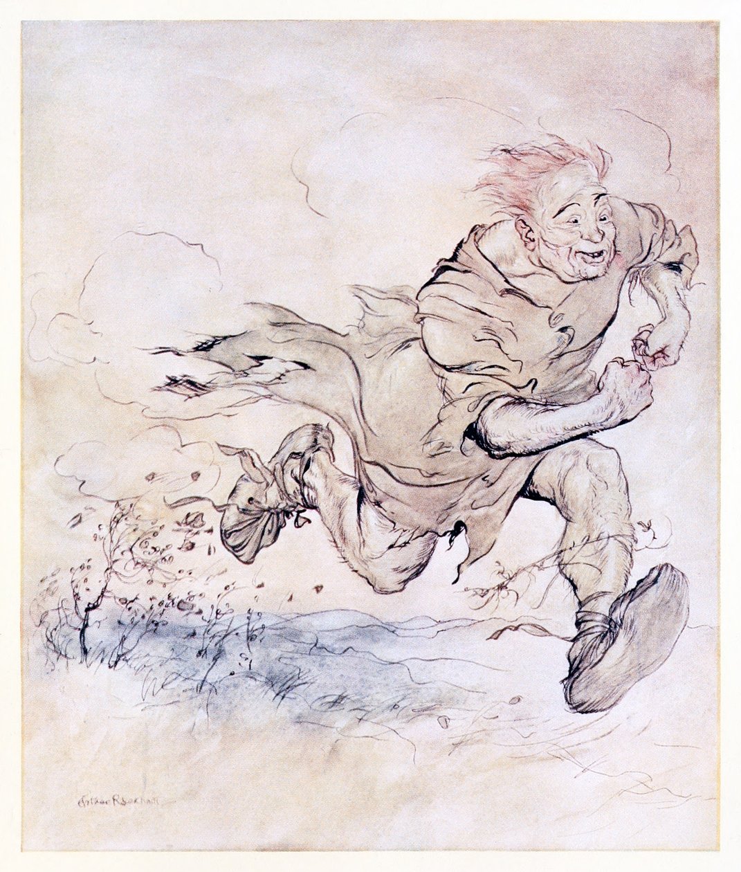 Bušení jeho velkých bot zesílilo jako klepání krup na střeše a vítr z jeho chodby shazoval stromy. z The Carl of the Drab Coat v Irish Fairy Tales od Arthur Rackham