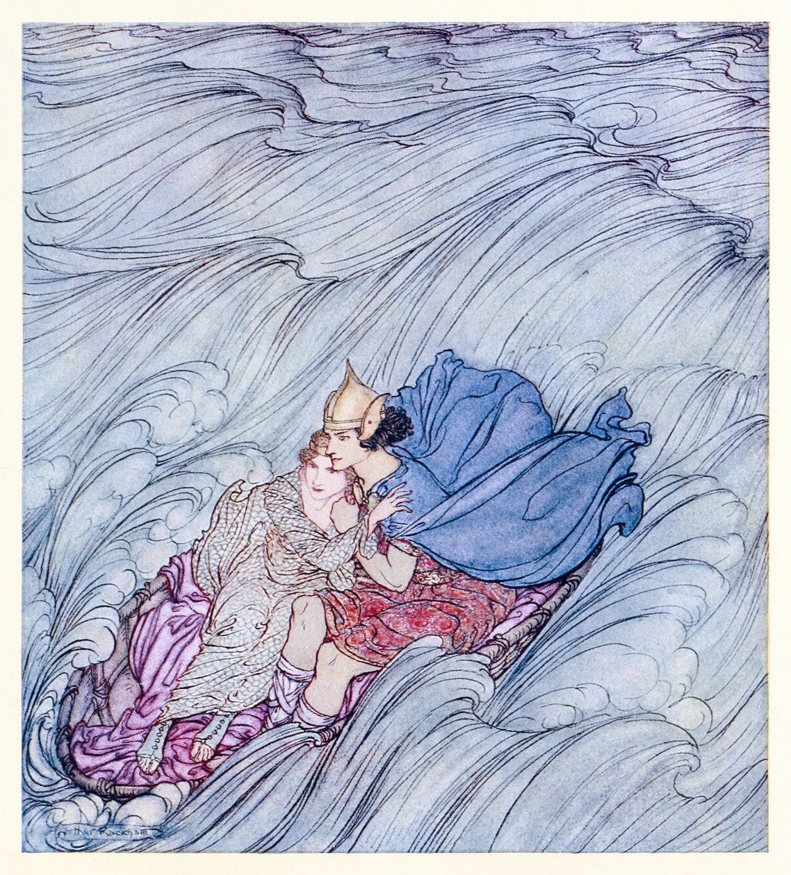 Zdálo se, že kolem nich víří vlny všech světů na jednom obrovském zeleném koberci z Becumy of the White Skin v Irish Fairy Tales od Arthur Rackham