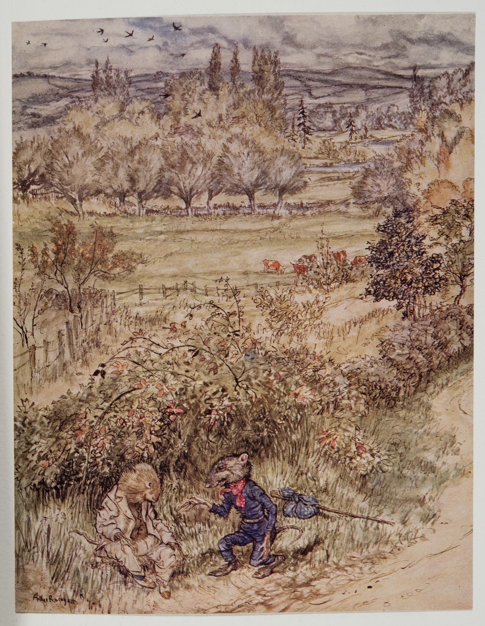 Pocestný zasalutoval zdvořilým gestem, které mělo v sobě něco cizího, z filmu Wind in the Willows od Kennetha Grahama (1859 - 1932), hospoda. 1940 od Arthur Rackham