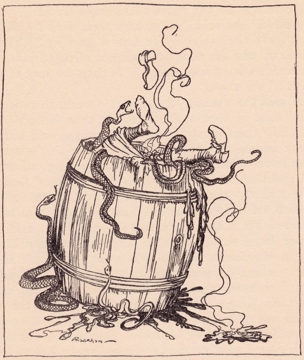 Zlá tchyně byla vložena do sudu plného vroucího oleje a jedovatých hadů. Ilustrace Arthura Rackhama z Grimm