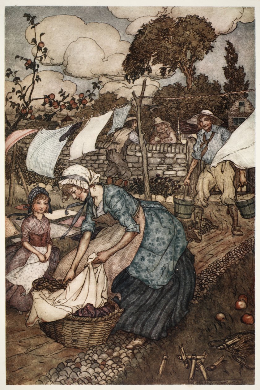 Ženy z vesnice ho zaměstnávaly takovými drobnými pracemi, které by pro ně jejich méně ochotní manželé neudělali., od Ripa Van Winkla, Washington Irving, hospoda. 1910 od Arthur Rackham