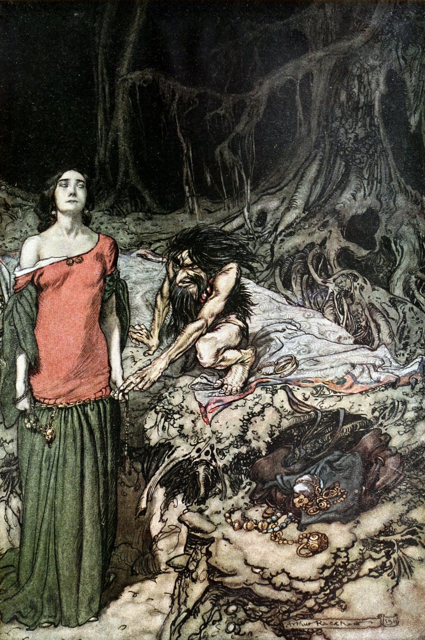 Namlouvání Grimhildy, matky Hagenovy. Ilustrace pro Siegfried a The Twilight of the Go od Arthur Rackham