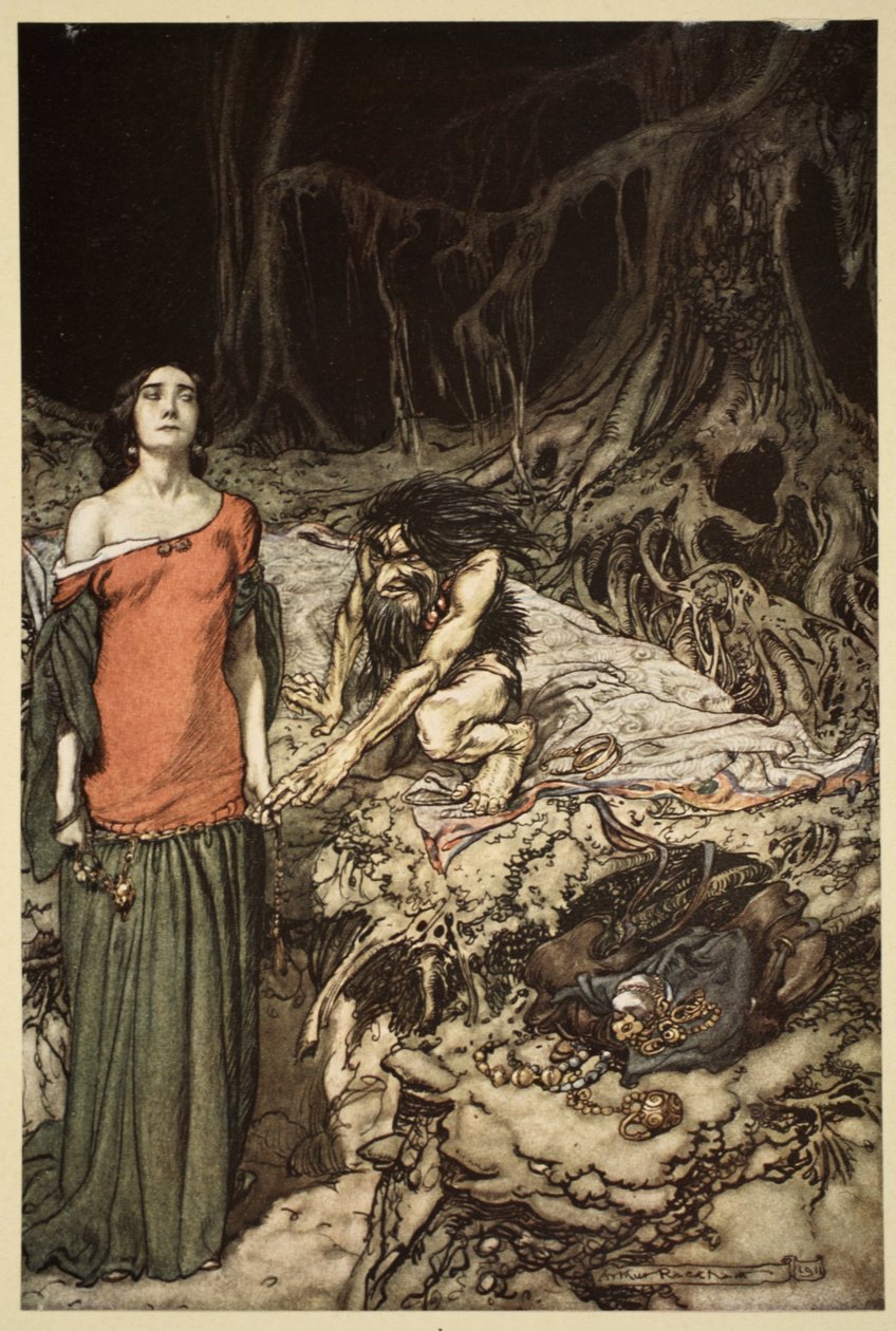 Namlouvání Grimhildy, matky Hagena, z „Siegfried a Soumrak bohů“, 1910 od Arthur Rackham