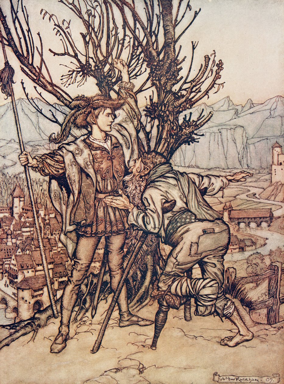 Mladý princ řekl, že se nebojím; Jsem odhodlán se jít podívat na krásnou Briar Rose?, z hospody Pohádky bratří Grimmů. 1909 od Arthur Rackham