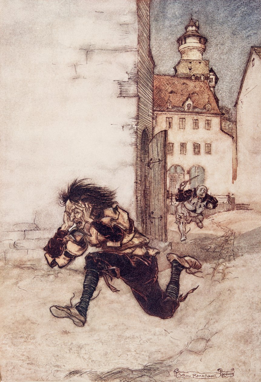 Pak se rozběhl za ním, stále držel řezbářský nůž, a plakal Jen jeden, jen jeden! z Pohádek bratří Grimmů, hospoda. 1909 od Arthur Rackham