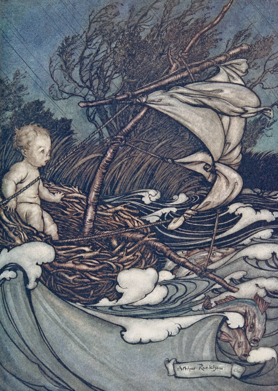 Nyní se zvedla silná bouře a on byl zmítán sem a tam.., z knihy Peter Pan in Kensington Gardens od J. M. Barrieho (1860-1937), vyd. 1906 od Arthur Rackham
