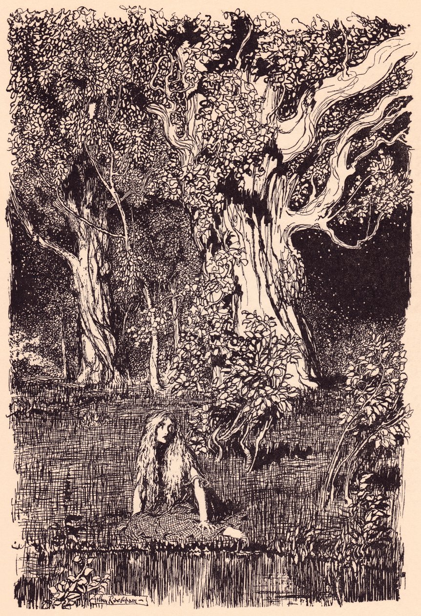 Tam seděla a zůstala by sedět dlouho, kdyby se ve větvích nejbližšího stromu neozývalo šustění a praskání. Ilustrace Arthur Rackham z Grimmovy pohádky Husí dívka u studny. od Arthur Rackham