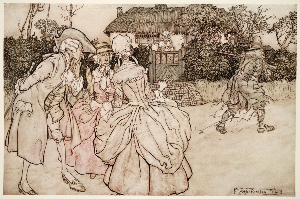 Všichni na něj zírali se stejnými známkami překvapení a vždy se hladili po bradě., z Rip Van Winkle od Washington Irving, hospoda. 1910 od Arthur Rackham