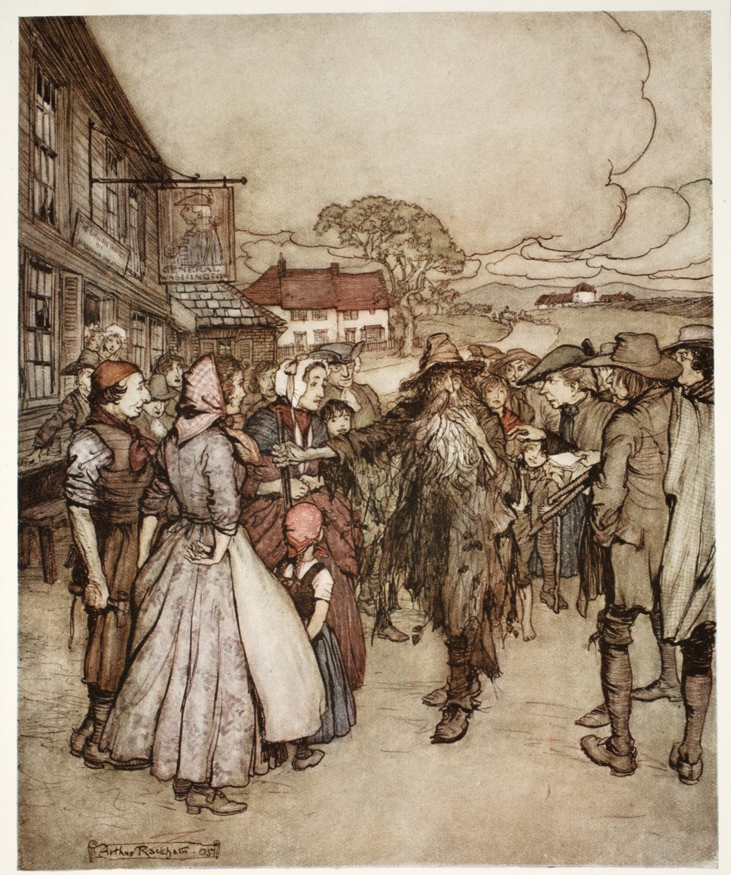 Shromáždili se kolem něj a s velkou zvědavostí si mě prohlíželi od hlavy až k patě., z hospody Rip Van Winkle od Washingtona Irvinga. 1910 od Arthur Rackham